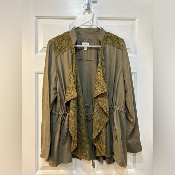 LOGO Lori Goldstein Olive Green Jacket Open Front Cinch Waist Waterfall Front 12 - Picture 1 of 10
